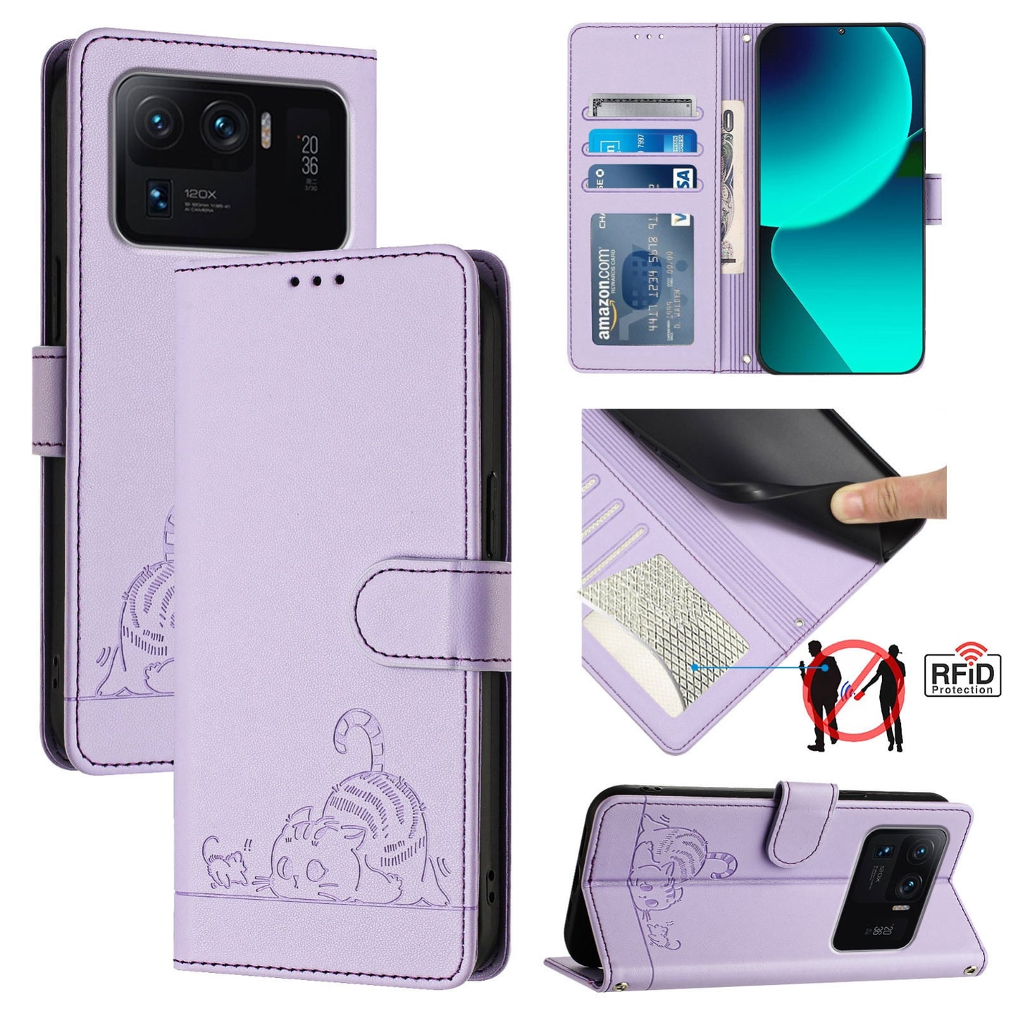 Xiaomi Mi 11 Ultra Cat and Rat Embossed Pattern, RFID Leather Phone Case with Lanyard, Kickstand, and Wallet Features