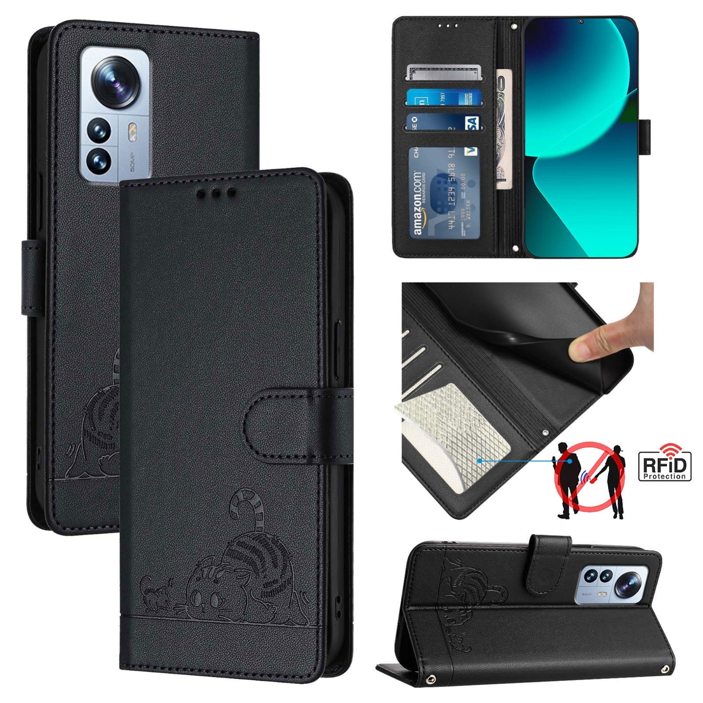 Xiaomi 12 Pro Cat and Rat Embossed Pattern, RFID Leather Phone Case with Lanyard, Kickstand, and Wallet Features