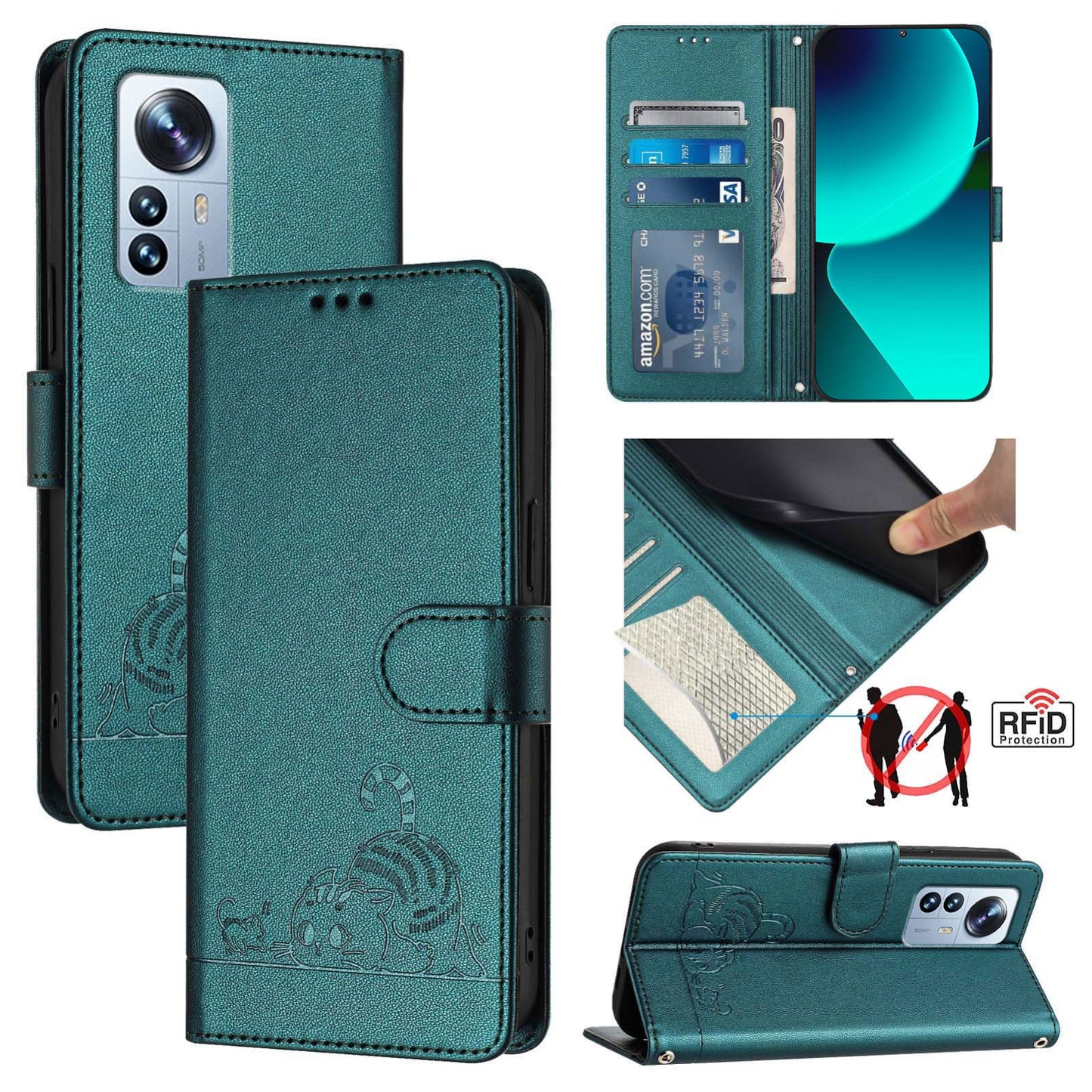 Xiaomi 12 Pro Cat and Rat Embossed Pattern, RFID Leather Phone Case with Lanyard, Kickstand, and Wallet Features