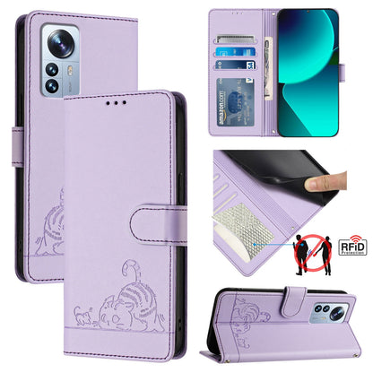 Xiaomi 12 Pro Cat and Rat Embossed Pattern, RFID Leather Phone Case with Lanyard, Kickstand, and Wallet Features