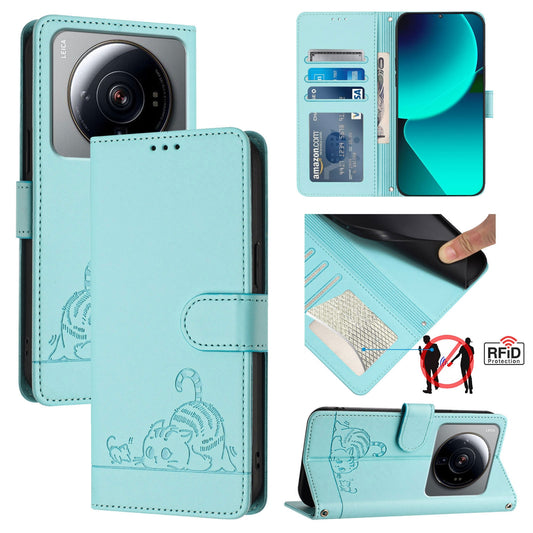 Xiaomi 12s Ultra Cat and Rat Embossed Pattern, RFID Leather Phone Case with Lanyard, Kickstand, and Wallet Features