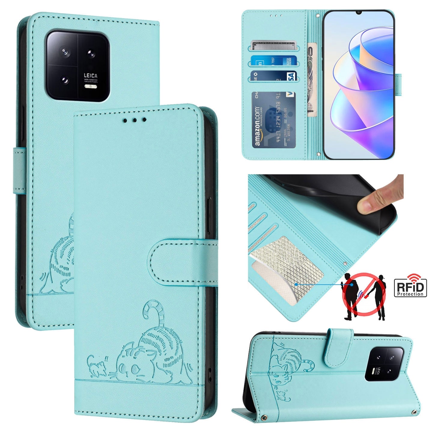 Xiaomi 13 5G Cat and Rat Embossed Pattern, RFID Leather Phone Case with Lanyard, Kickstand, and Wallet Features