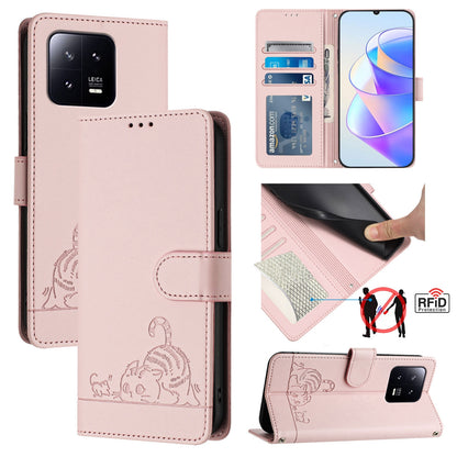 Xiaomi 13 5G Cat and Rat Embossed Pattern, RFID Leather Phone Case with Lanyard, Kickstand, and Wallet Features