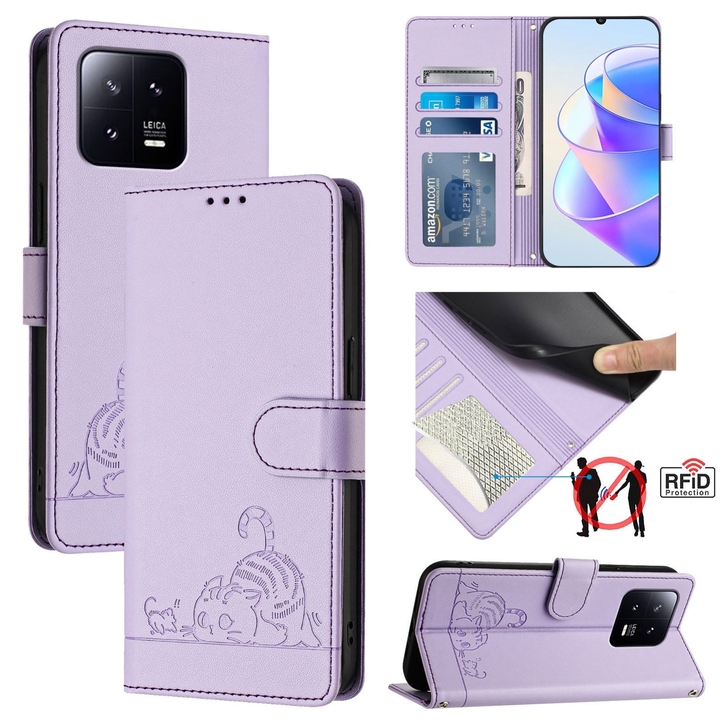 Xiaomi 13 5G Cat and Rat Embossed Pattern, RFID Leather Phone Case with Lanyard, Kickstand, and Wallet Features