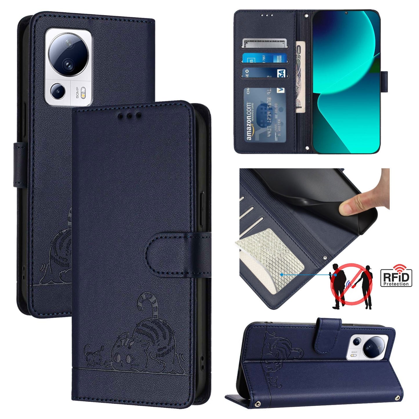 Xiaomi 13 Lite 5G Global Cat and Rat Embossed Pattern, RFID Leather Phone Case with Lanyard, Kickstand, and Wallet Features