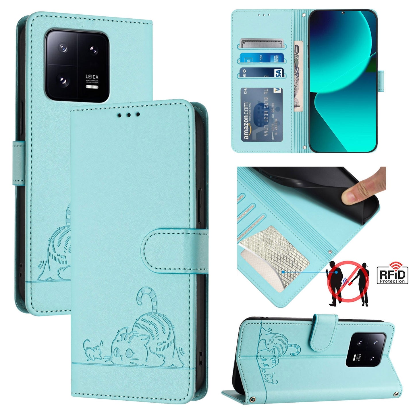 Xiaomi 13 Pro 5G Cat and Rat Embossed Pattern, RFID Leather Phone Case with Lanyard, Kickstand, and Wallet Features