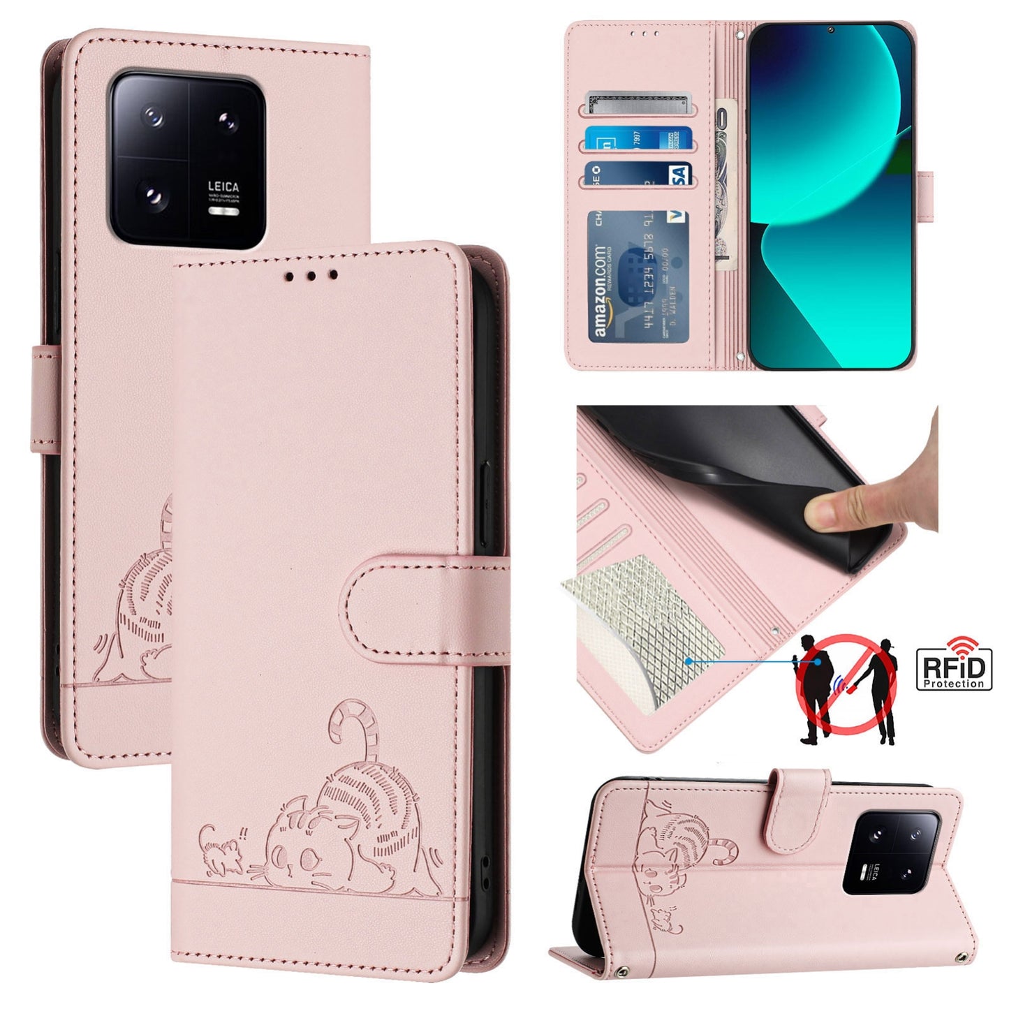 Xiaomi 13 Pro 5G Cat and Rat Embossed Pattern, RFID Leather Phone Case with Lanyard, Kickstand, and Wallet Features