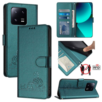 Xiaomi 13 Pro 5G Cat and Rat Embossed Pattern, RFID Leather Phone Case with Lanyard, Kickstand, and Wallet Features