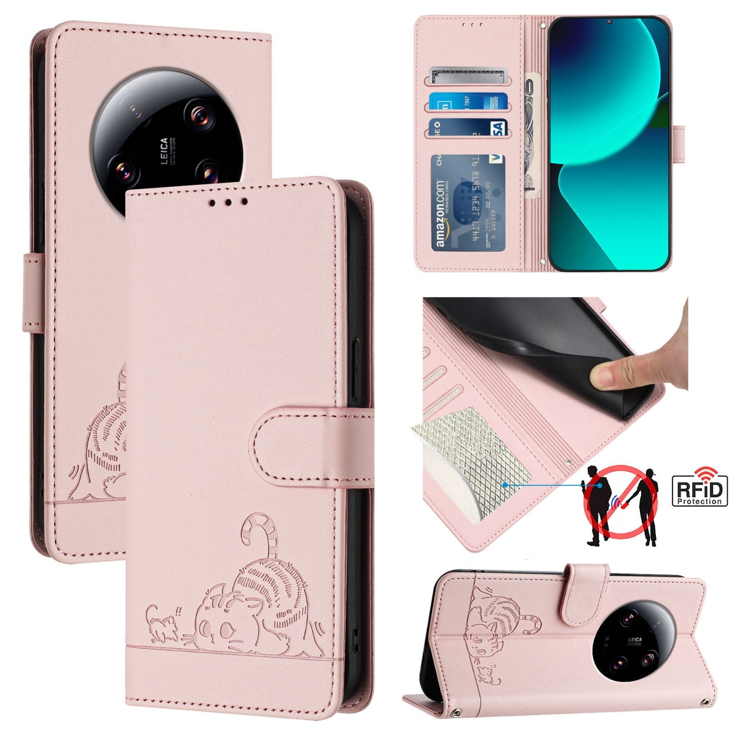 Xiaomi 13 Ultra Cat and Rat Embossed Pattern, RFID Leather Phone Case with Lanyard, Kickstand, and Wallet Features