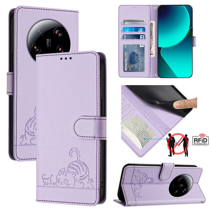 Xiaomi 13 Ultra Cat and Rat Embossed Pattern, RFID Leather Phone Case with Lanyard, Kickstand, and Wallet Features