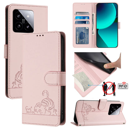 Xiaomi 14 5G Cat and Rat Embossed Pattern, RFID Leather Phone Case with Lanyard, Kickstand, and Wallet Features