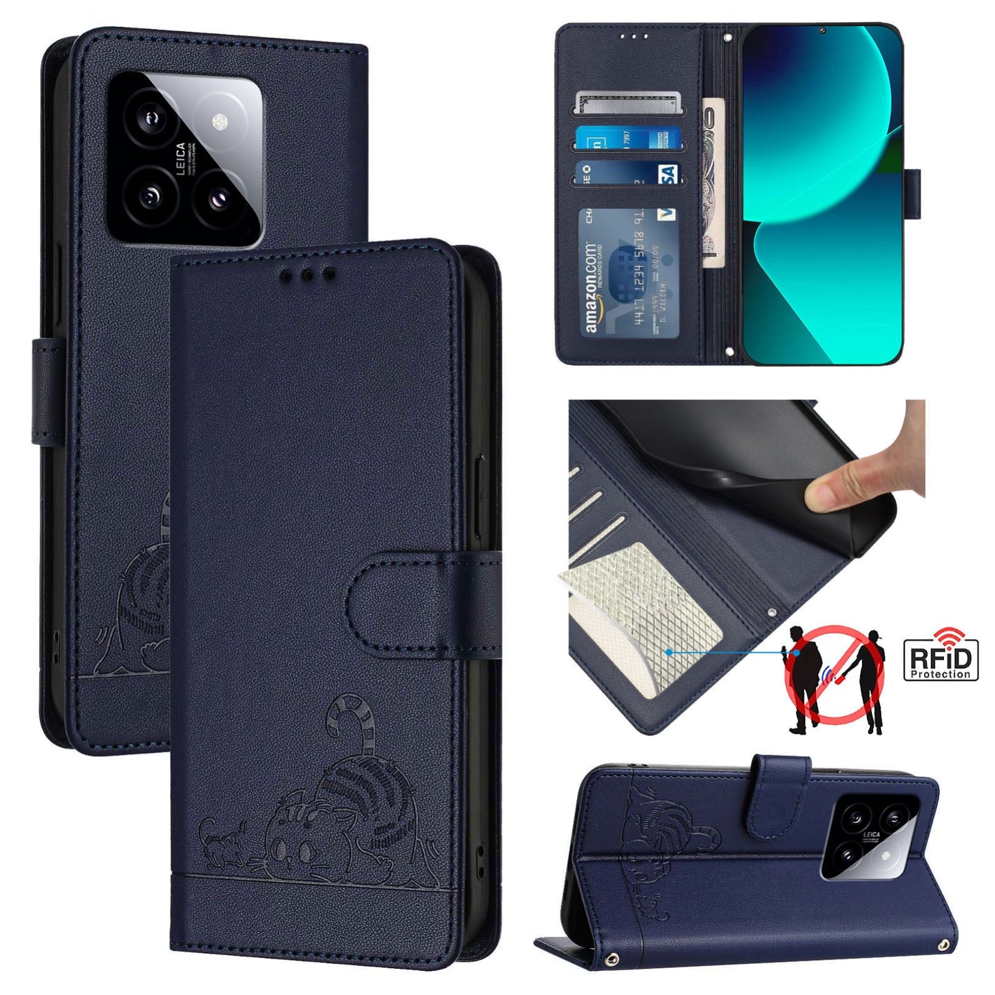 Xiaomi 14 5G Cat and Rat Embossed Pattern, RFID Leather Phone Case with Lanyard, Kickstand, and Wallet Features