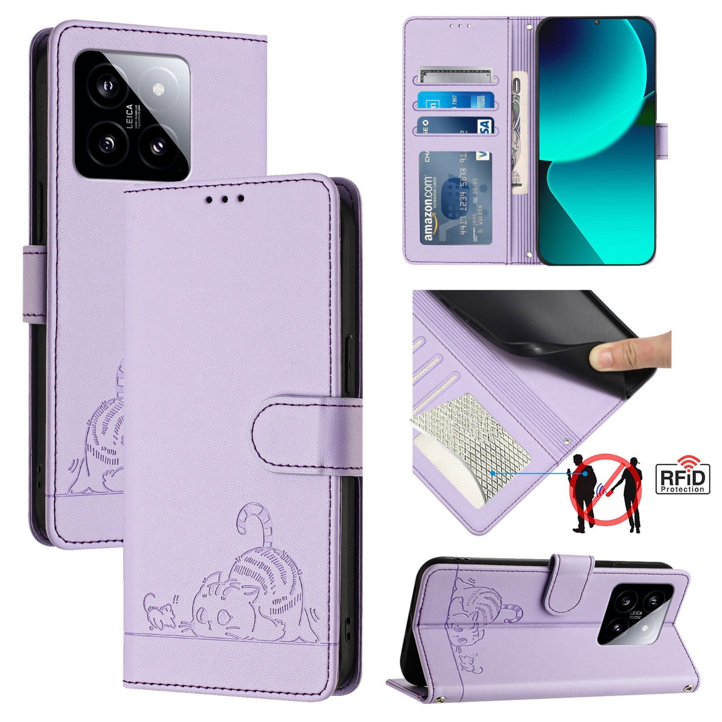 Xiaomi 14 5G Cat and Rat Embossed Pattern, RFID Leather Phone Case with Lanyard, Kickstand, and Wallet Features