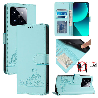 Xiaomi 14 Pro 5G Cat and Rat Embossed Pattern, RFID Leather Phone Case with Lanyard, Kickstand, and Wallet Features