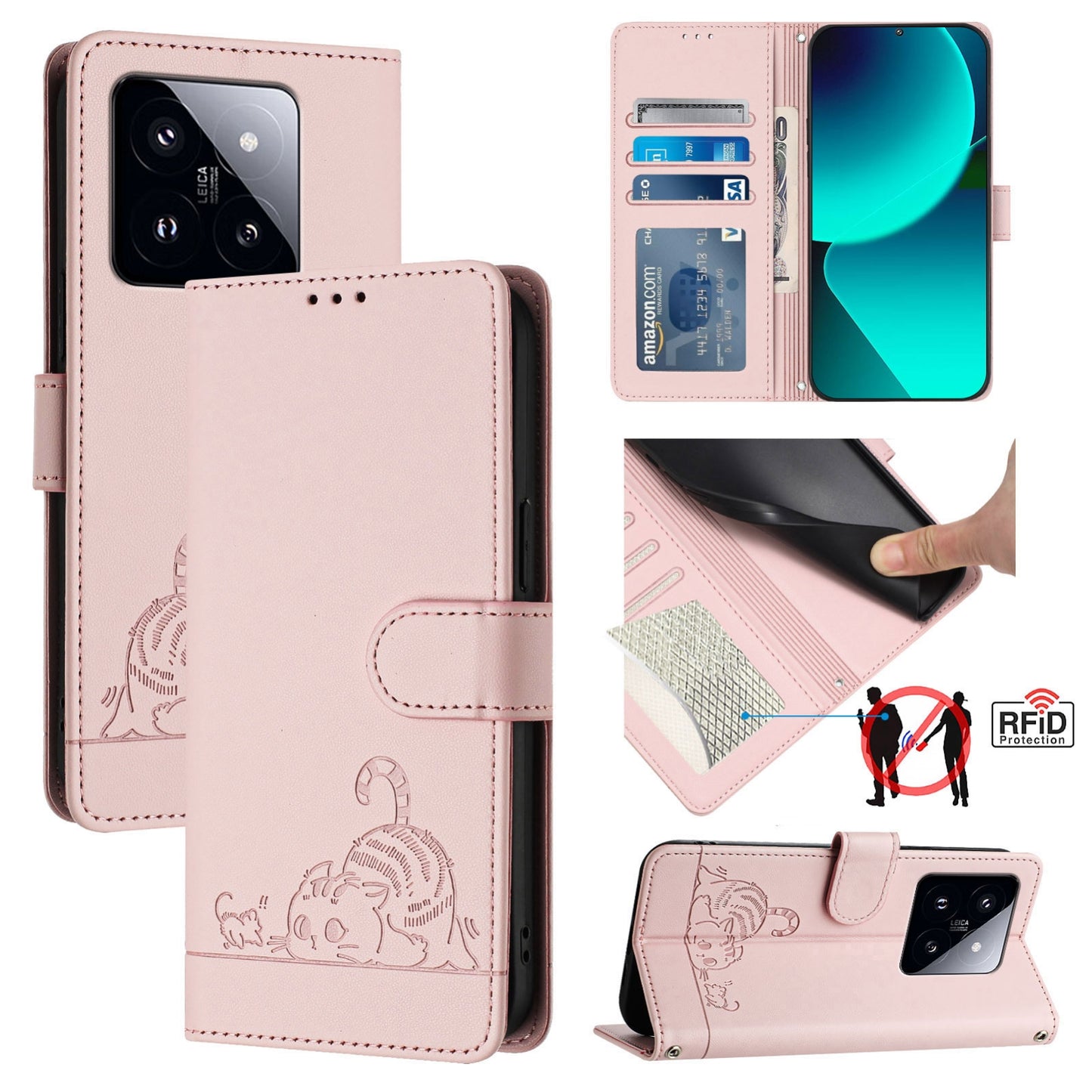 Xiaomi 14 Pro 5G Cat and Rat Embossed Pattern, RFID Leather Phone Case with Lanyard, Kickstand, and Wallet Features