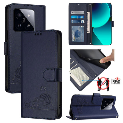 Xiaomi 14 Pro 5G Cat and Rat Embossed Pattern, RFID Leather Phone Case with Lanyard, Kickstand, and Wallet Features