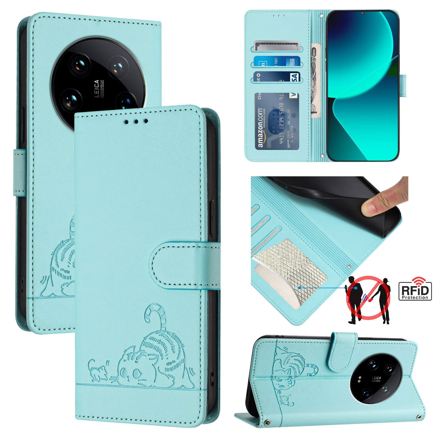 Xiaomi 14 Ultra 5G Global Cat and Rat Embossed Pattern, RFID Leather Phone Case with Lanyard, Kickstand, and Wallet Features