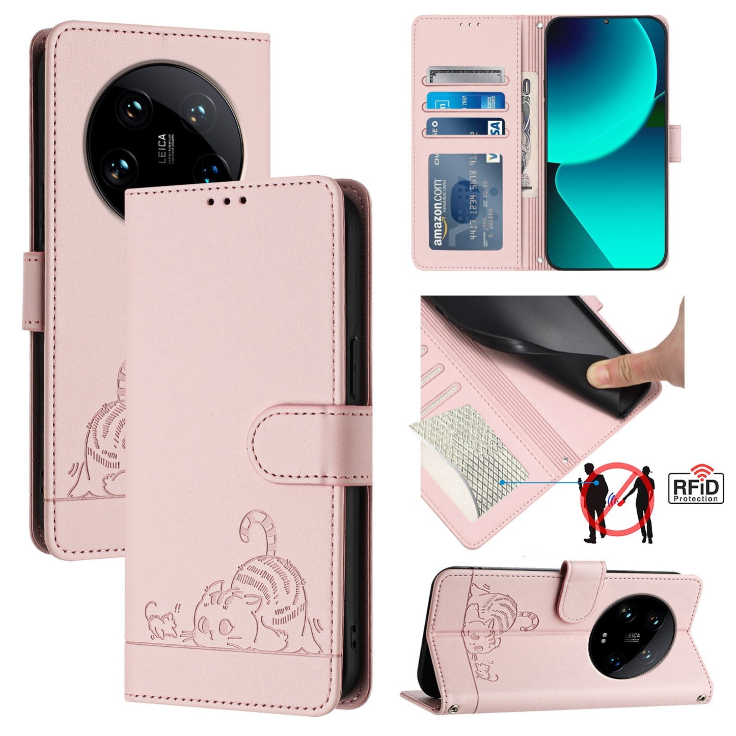 Xiaomi 14 Ultra 5G Global Cat and Rat Embossed Pattern, RFID Leather Phone Case with Lanyard, Kickstand, and Wallet Features