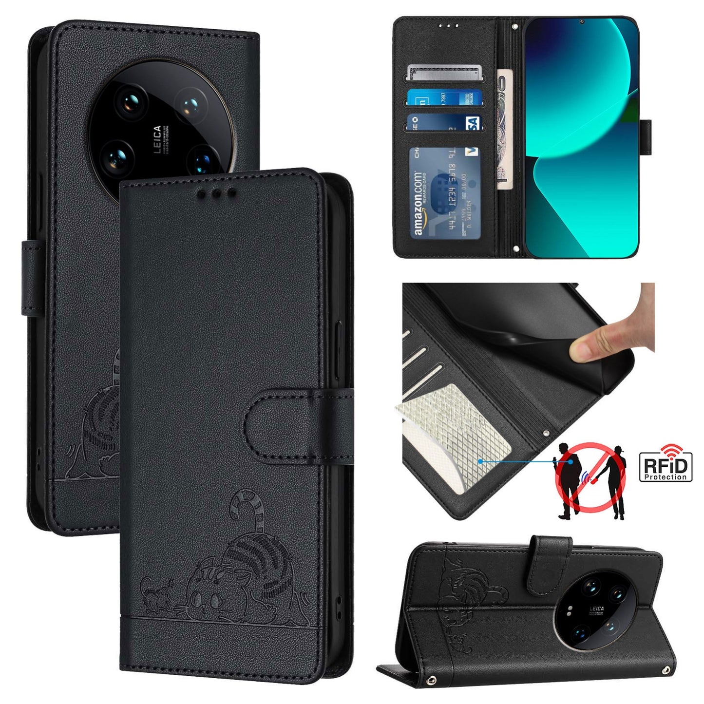 Xiaomi 14 Ultra 5G Global Cat and Rat Embossed Pattern, RFID Leather Phone Case with Lanyard, Kickstand, and Wallet Features