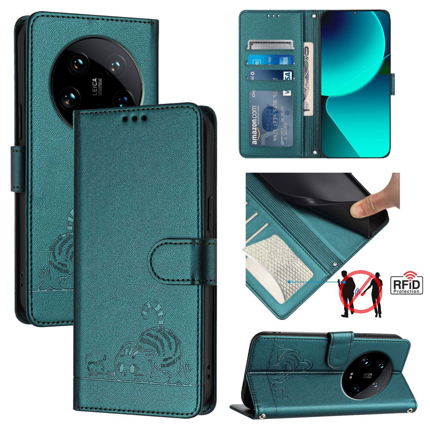 Xiaomi 14 Ultra 5G Global Cat and Rat Embossed Pattern, RFID Leather Phone Case with Lanyard, Kickstand, and Wallet Features