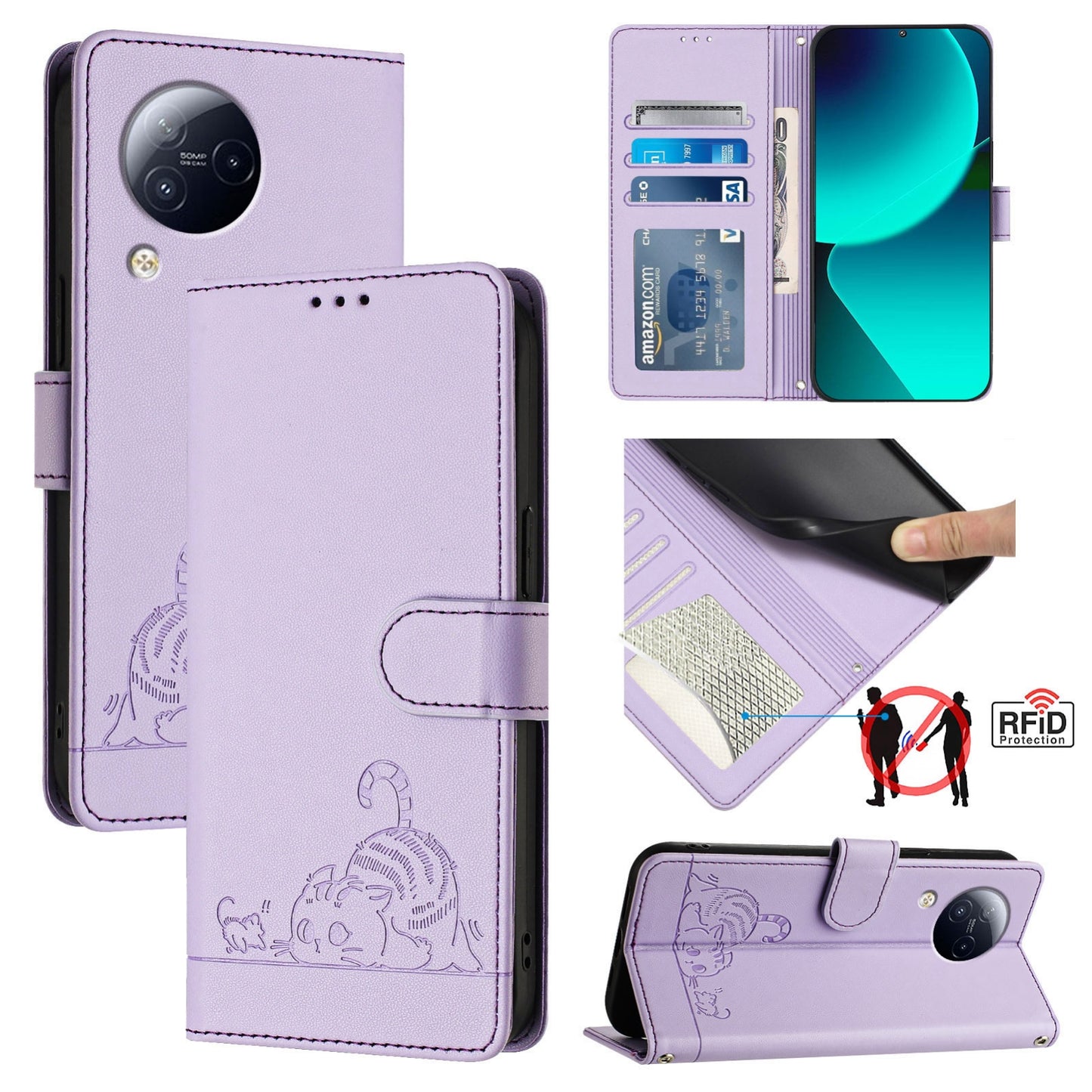 Xiaomi CIVI 3 5G Cat and Rat Embossed Pattern, RFID Leather Phone Case with Lanyard, Kickstand, and Wallet Features