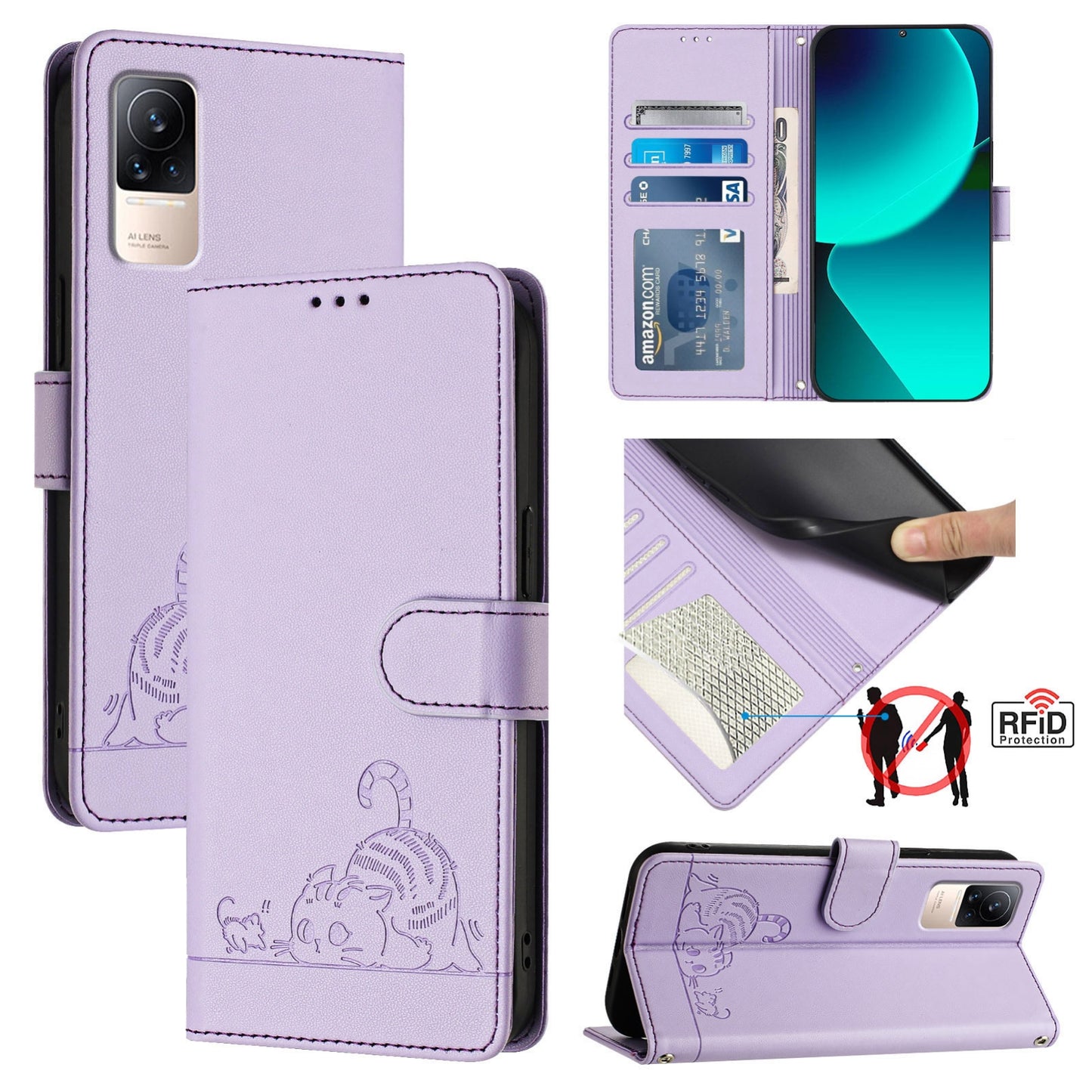 Xiaomi CIVI Cat and Rat Embossed Pattern, RFID Leather Phone Case with Lanyard, Kickstand, and Wallet Features