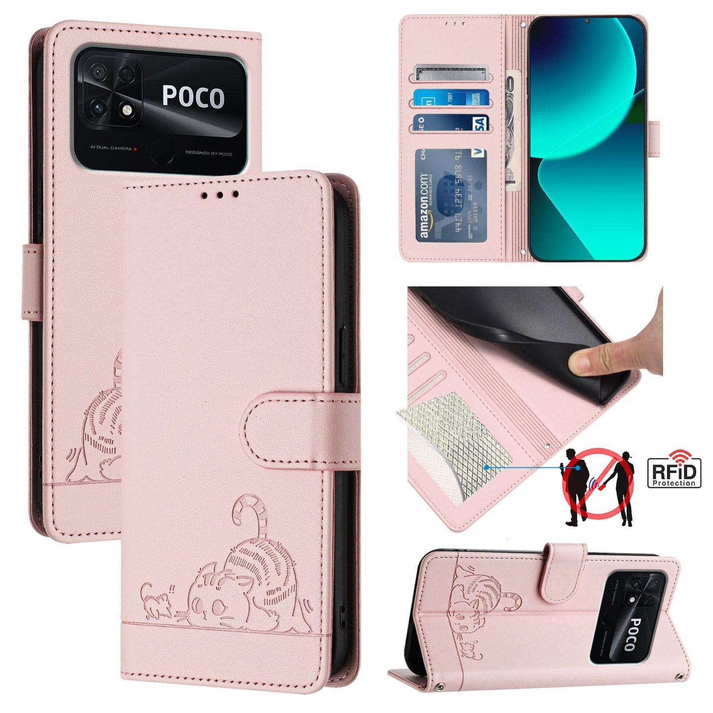 Xiaomi POCO C40 Cat and Rat Embossed Pattern, RFID Leather Phone Case with Lanyard, Kickstand, and Wallet Features