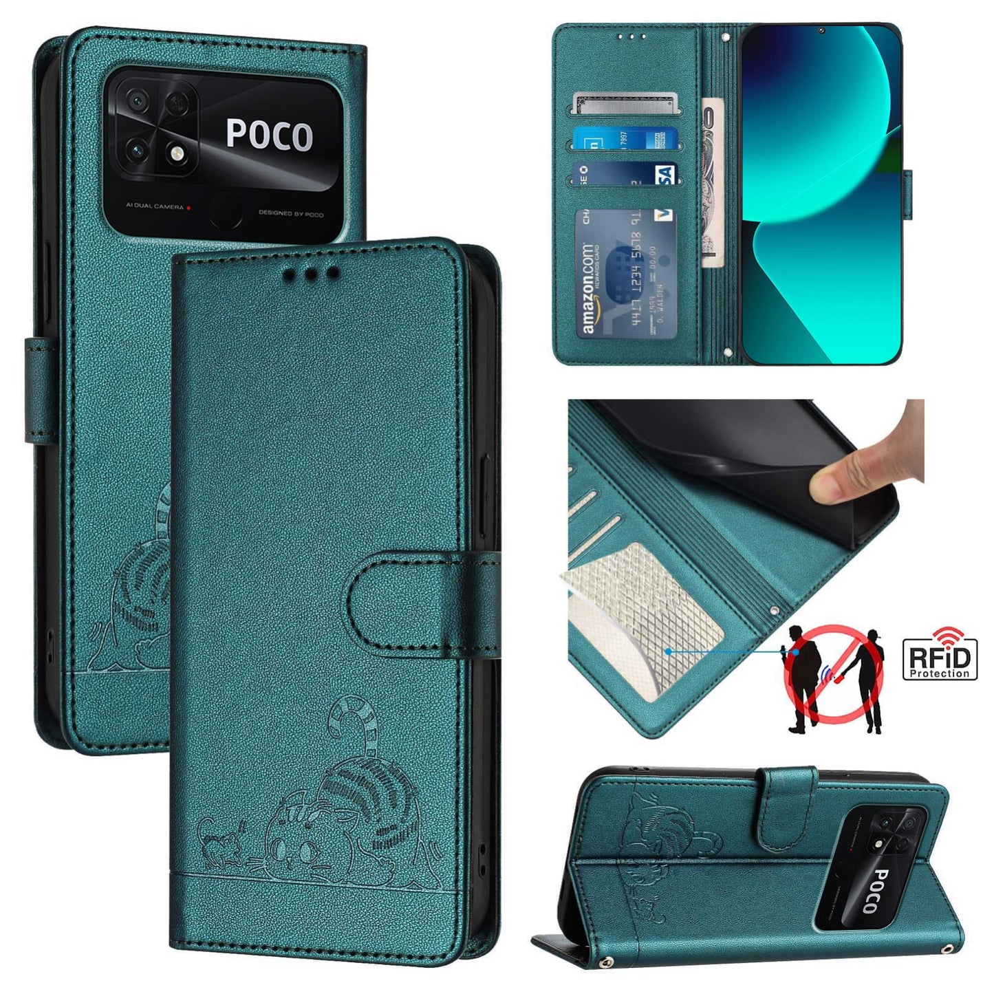 Xiaomi POCO C40 Cat and Rat Embossed Pattern, RFID Leather Phone Case with Lanyard, Kickstand, and Wallet Features