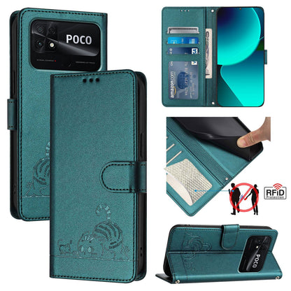 Xiaomi Redmi 10C Cat and Rat Embossed Pattern, RFID Leather Phone Case with Lanyard, Kickstand, and Wallet Features