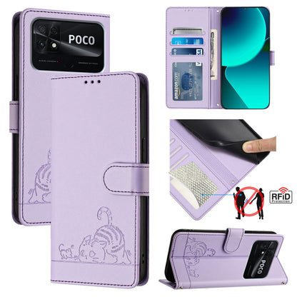 Xiaomi POCO C40 Cat and Rat Embossed Pattern, RFID Leather Phone Case with Lanyard, Kickstand, and Wallet Features