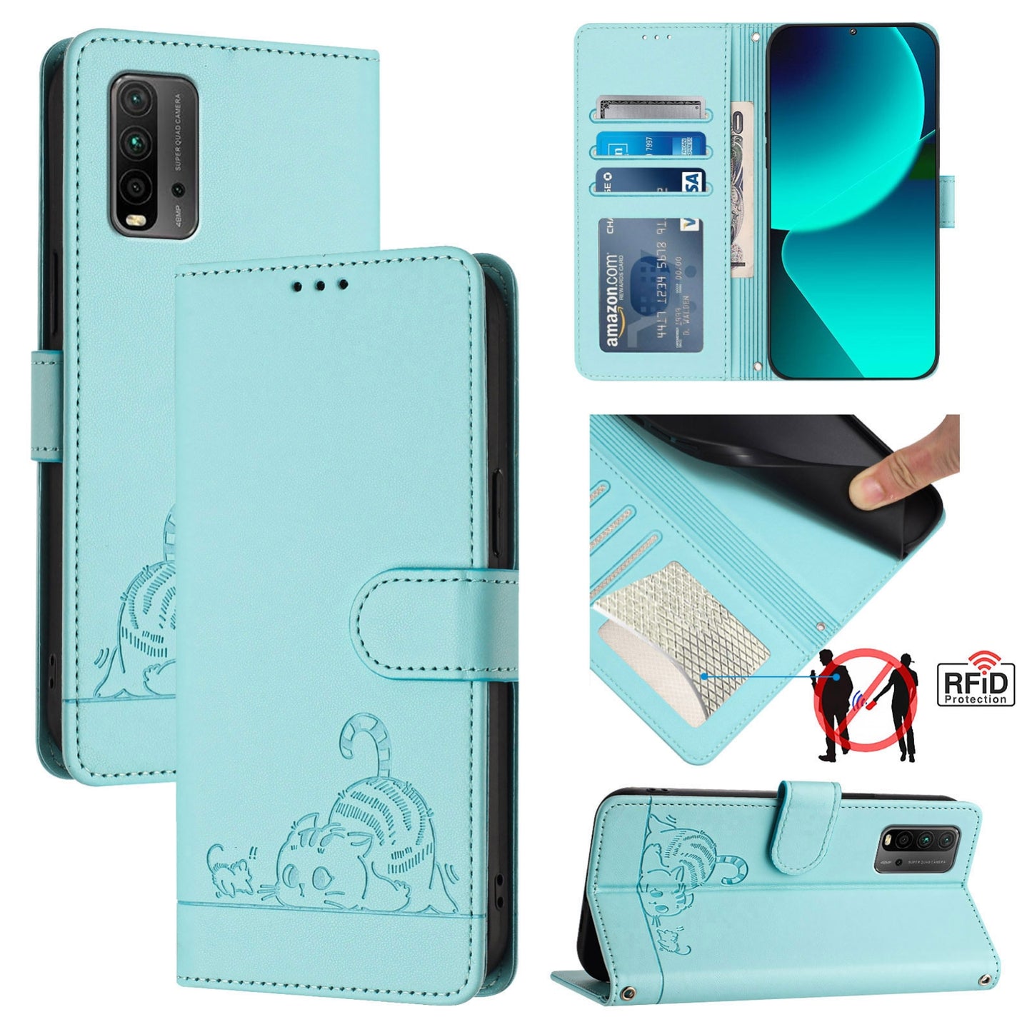 Xiaomi POCO M3 Cat and Rat Embossed Pattern, RFID Leather Phone Case with Lanyard, Kickstand, and Wallet Features