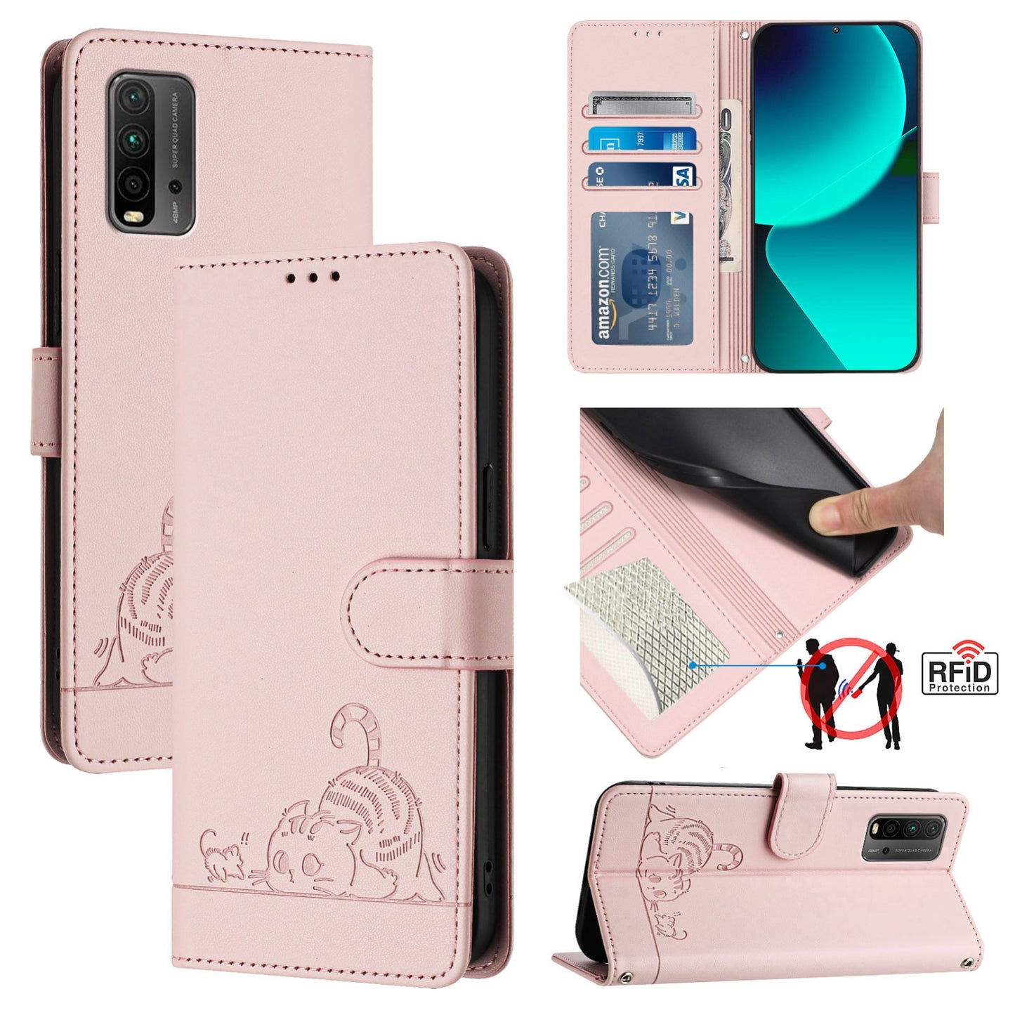 Xiaomi POCO M3 Cat and Rat Embossed Pattern, RFID Leather Phone Case with Lanyard, Kickstand, and Wallet Features