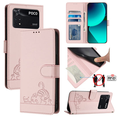 Xiaomi POCO M4 Pro 4G Cat and Rat Embossed Pattern, RFID Leather Phone Case with Lanyard, Kickstand, and Wallet Features