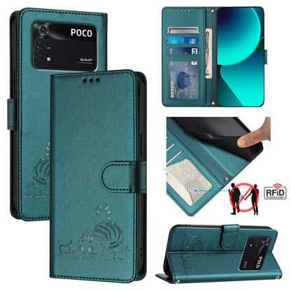 Xiaomi POCO M4 Pro 4G Cat and Rat Embossed Pattern, RFID Leather Phone Case with Lanyard, Kickstand, and Wallet Features