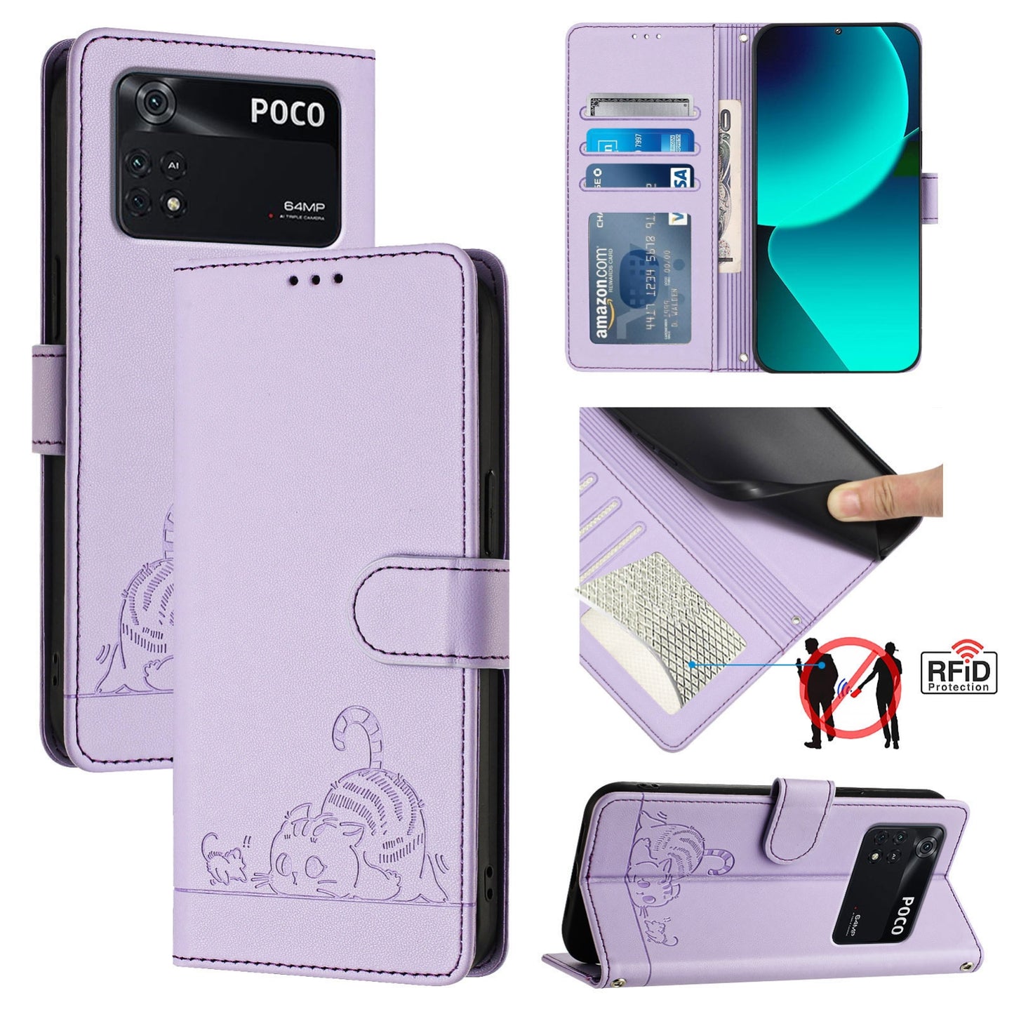 Xiaomi POCO M4 Pro 4G Cat and Rat Embossed Pattern, RFID Leather Phone Case with Lanyard, Kickstand, and Wallet Features