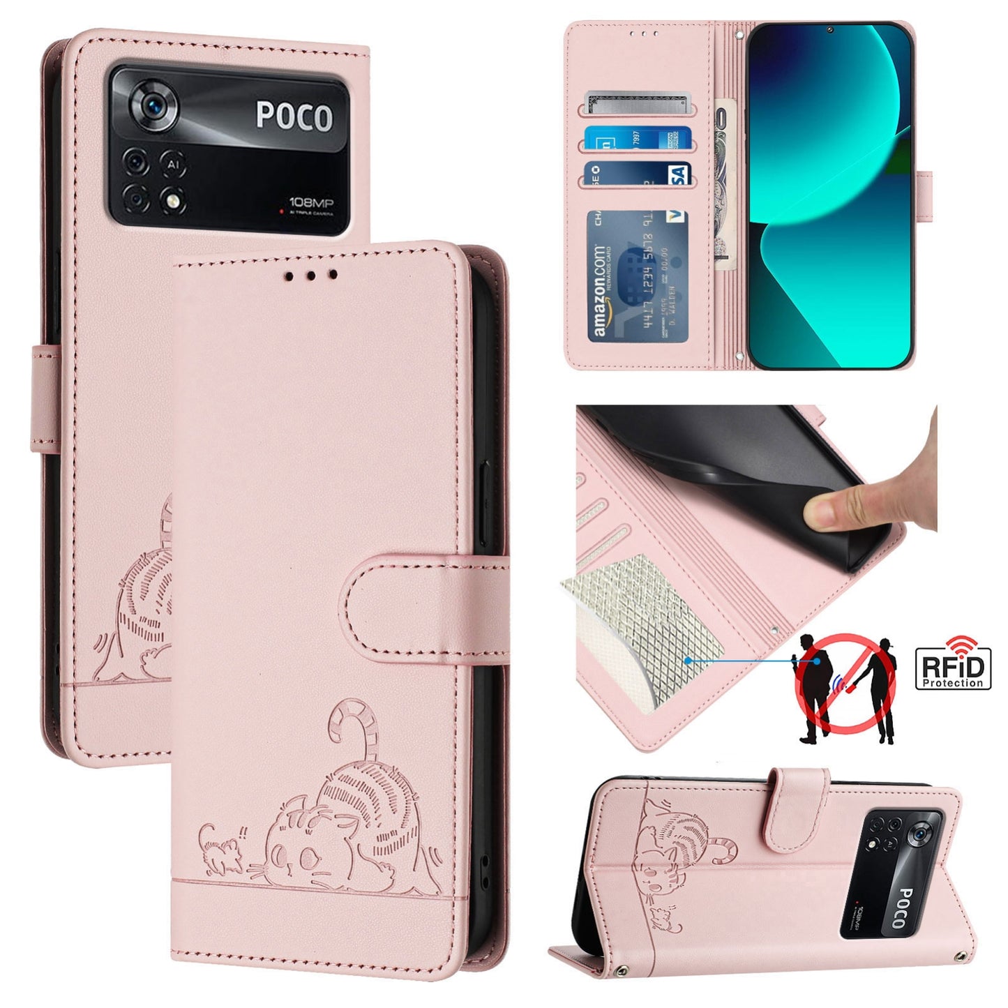 Xiaomi POCO X4 Pro 5G Cat and Rat Embossed Pattern, RFID Leather Phone Case with Lanyard, Kickstand, and Wallet Features