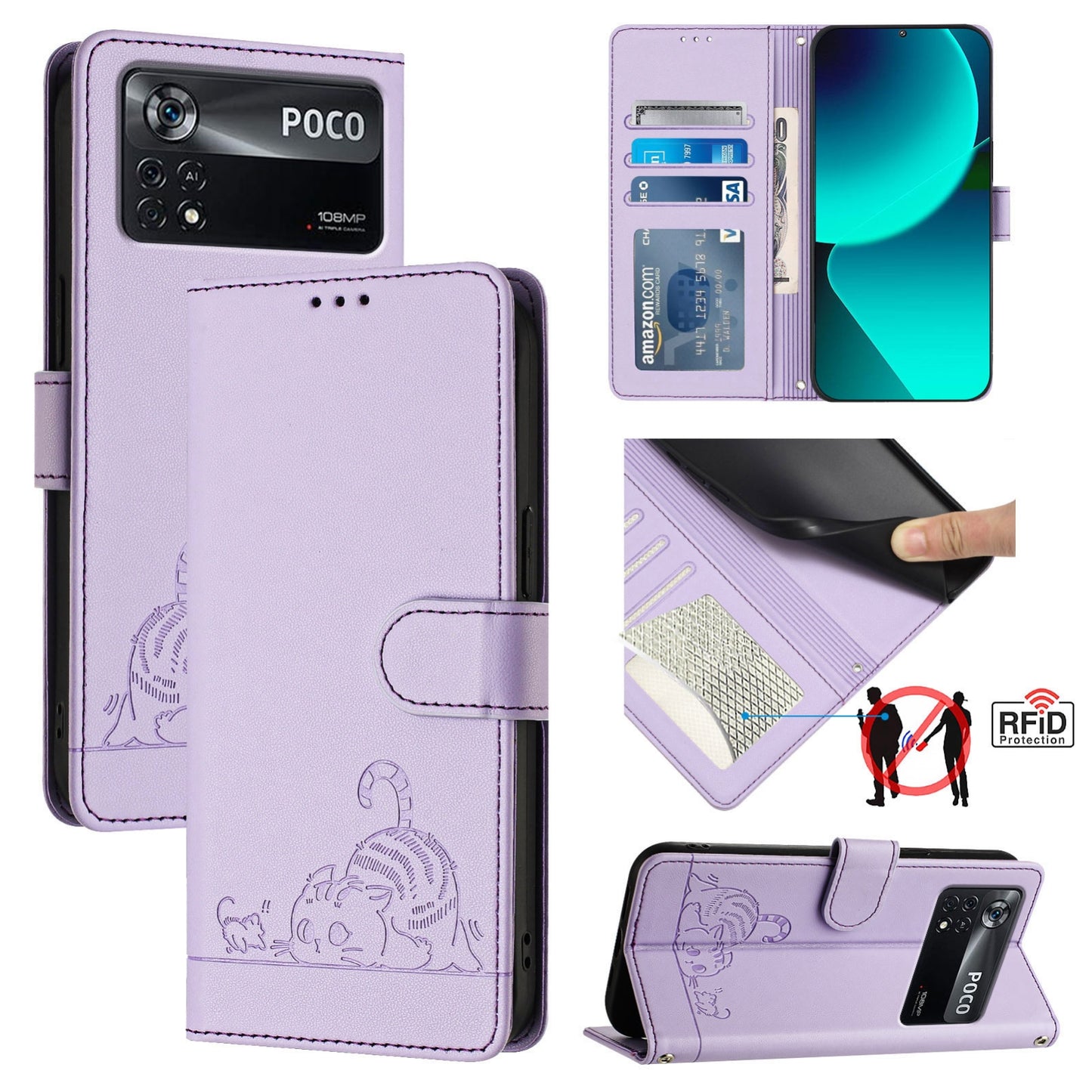 Xiaomi POCO X4 Pro 5G Cat and Rat Embossed Pattern, RFID Leather Phone Case with Lanyard, Kickstand, and Wallet Features