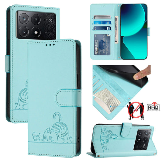 Xiaomi POCO X6 Pro 5G Cat and Rat Embossed Pattern, RFID Leather Phone Case with Lanyard, Kickstand, and Wallet Features