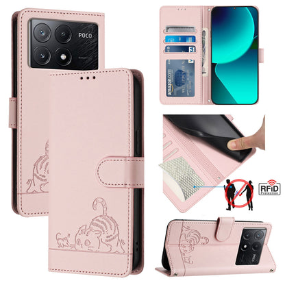 Xiaomi POCO X6 Pro 5G Cat and Rat Embossed Pattern, RFID Leather Phone Case with Lanyard, Kickstand, and Wallet Features