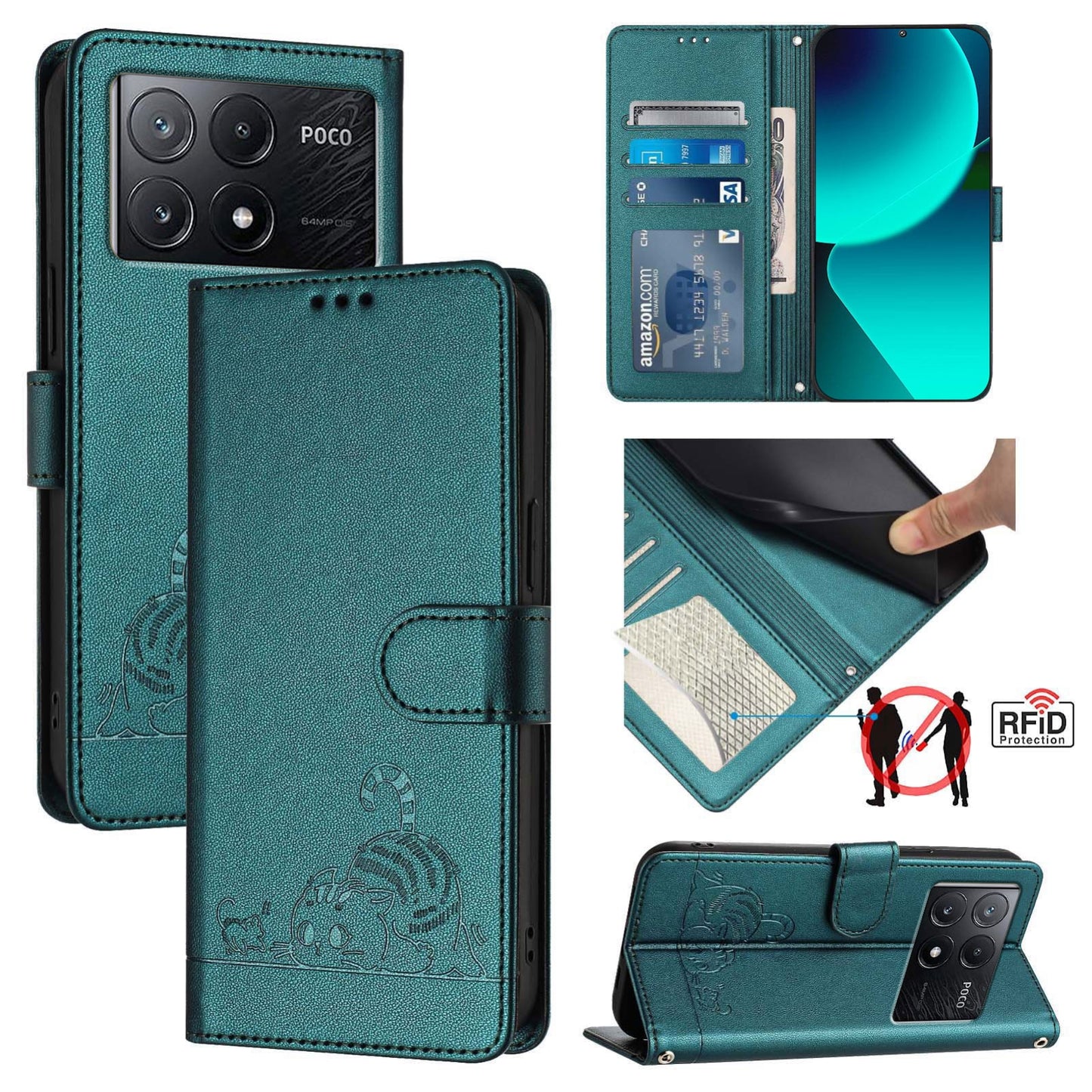 Xiaomi POCO X6 Pro 5G Cat and Rat Embossed Pattern, RFID Leather Phone Case with Lanyard, Kickstand, and Wallet Features