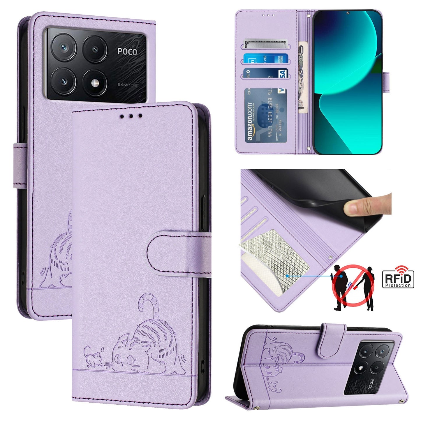 Xiaomi POCO X6 Pro 5G Cat and Rat Embossed Pattern, RFID Leather Phone Case with Lanyard, Kickstand, and Wallet Features