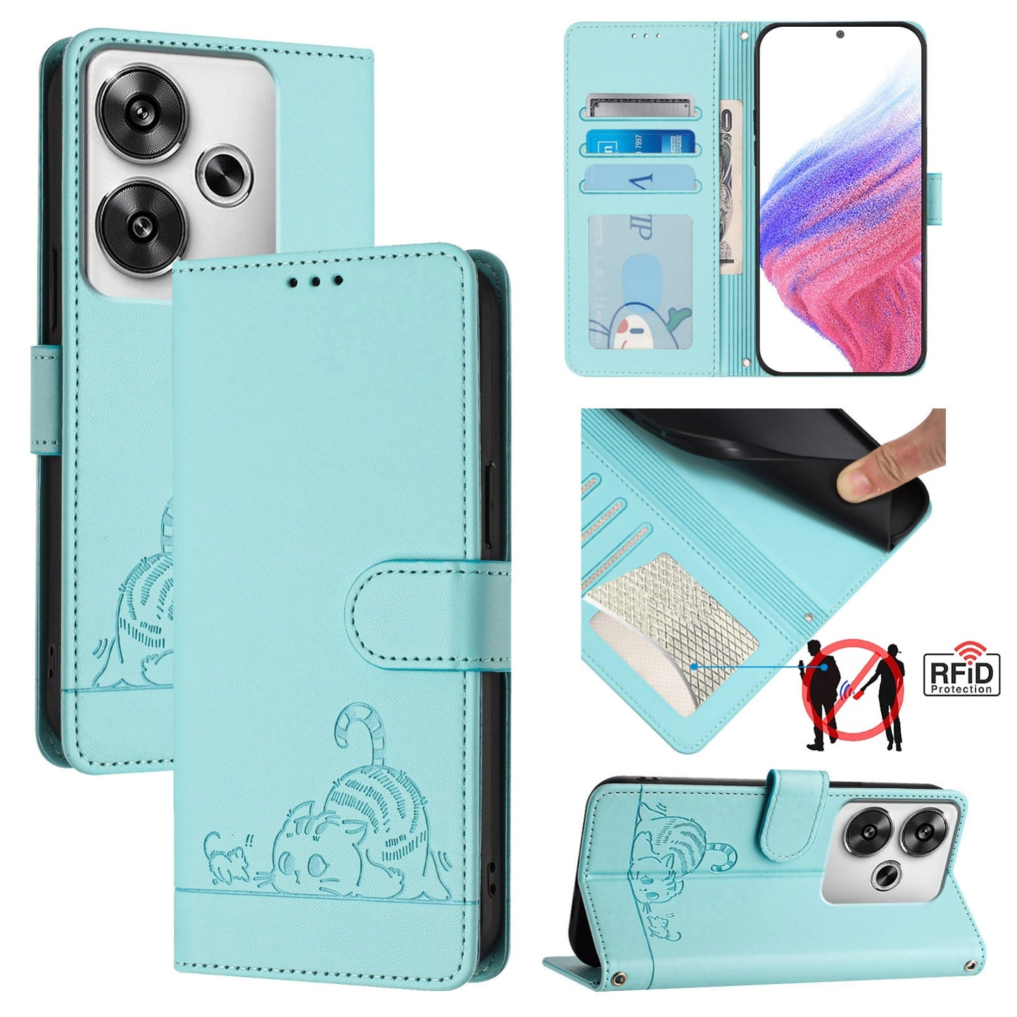 Xiaomi POCO F6 5G Cat and Rat Embossed Pattern, RFID Leather Phone Case with Lanyard, Kickstand, and Wallet Features