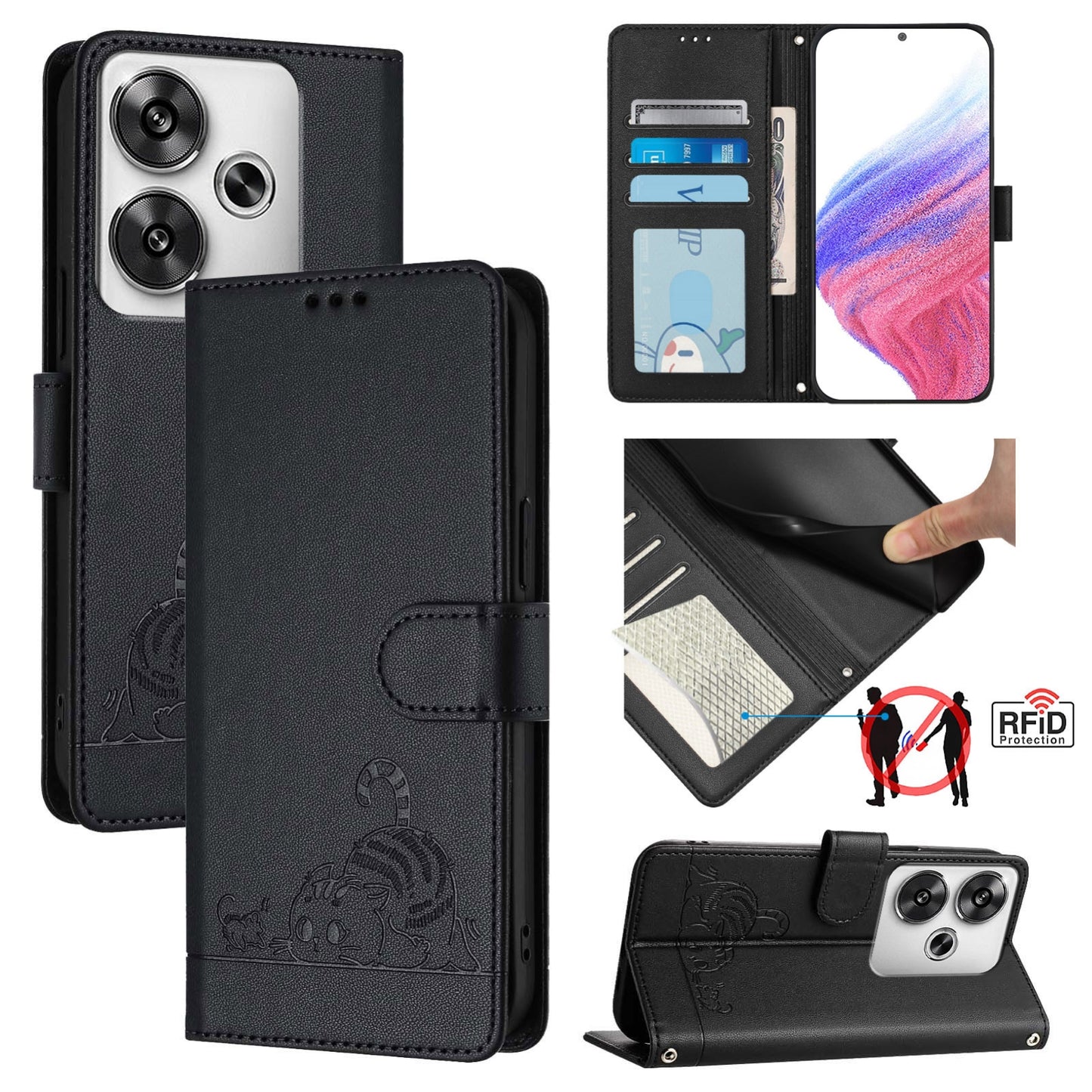 Xiaomi POCO F6 5G Cat and Rat Embossed Pattern, RFID Leather Phone Case with Lanyard, Kickstand, and Wallet Features