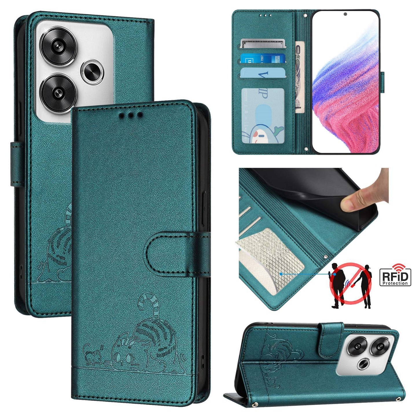 Xiaomi POCO F6 5G Cat and Rat Embossed Pattern, RFID Leather Phone Case with Lanyard, Kickstand, and Wallet Features