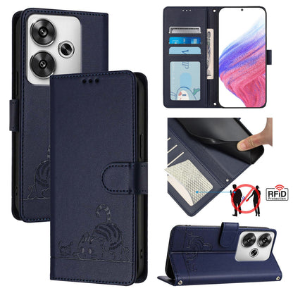 Xiaomi POCO F6 5G Cat and Rat Embossed Pattern, RFID Leather Phone Case with Lanyard, Kickstand, and Wallet Features