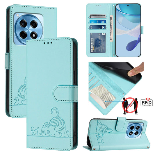 OnePlus 12R 5G Global Cat and Rat Embossed Pattern, RFID Leather Phone Case with Lanyard, Kickstand, and Wallet Features