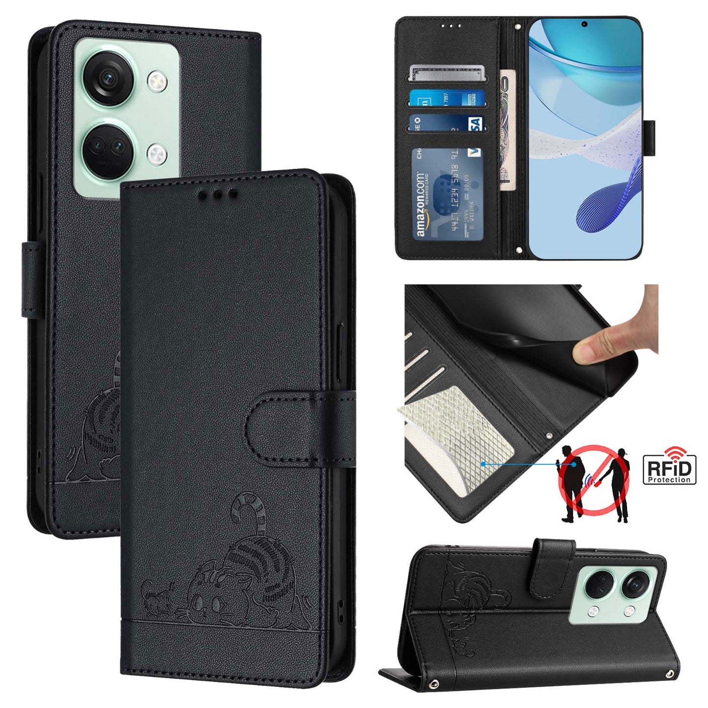 OnePlus Ace 2V Cat and Rat Embossed Pattern, RFID Leather Phone Case with Lanyard, Kickstand, and Wallet Features