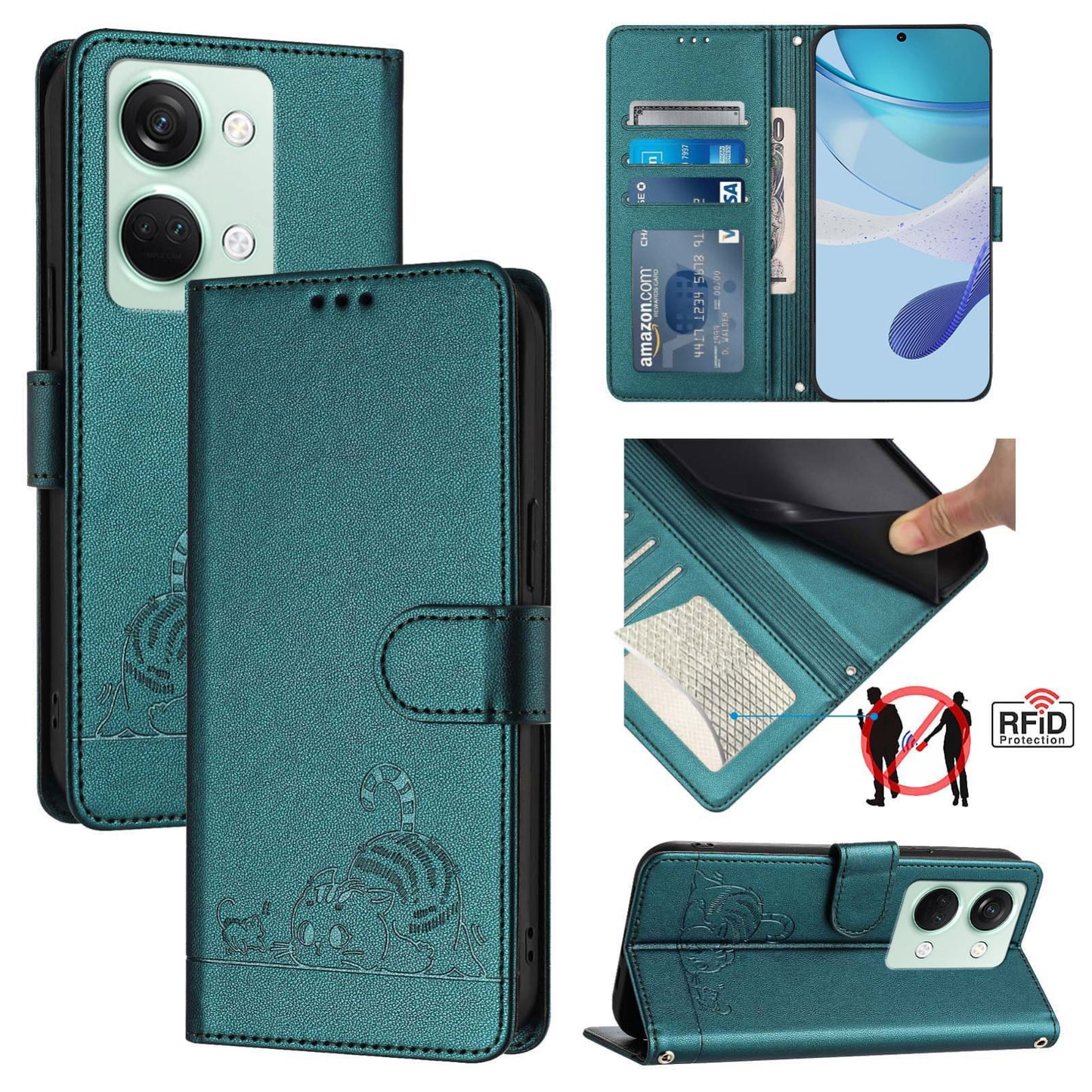OnePlus Ace 2V Cat and Rat Embossed Pattern, RFID Leather Phone Case with Lanyard, Kickstand, and Wallet Features