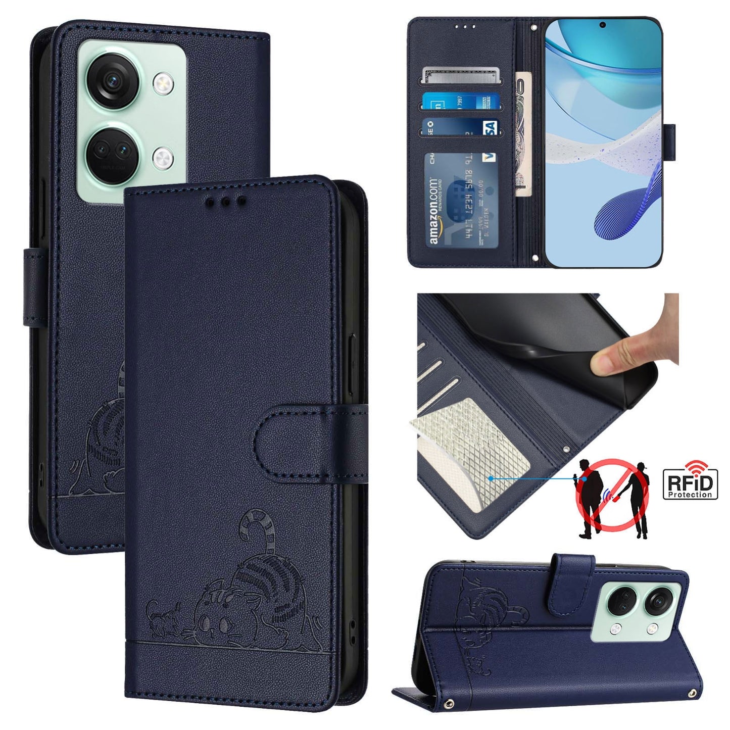 OnePlus Ace 2V Cat and Rat Embossed Pattern, RFID Leather Phone Case with Lanyard, Kickstand, and Wallet Features
