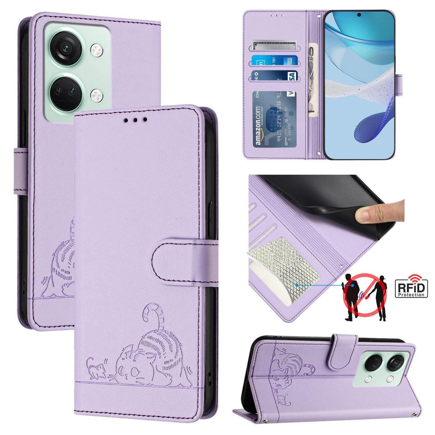 OnePlus Ace 2V Cat and Rat Embossed Pattern, RFID Leather Phone Case with Lanyard, Kickstand, and Wallet Features